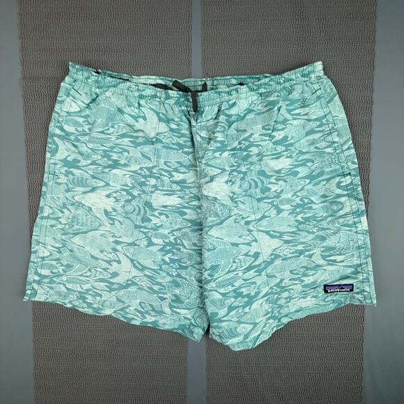 Patagonia Fish Print Swim Trunks Green Blue | Size L | Drawstring Board Shorts - Picture 1 of 7